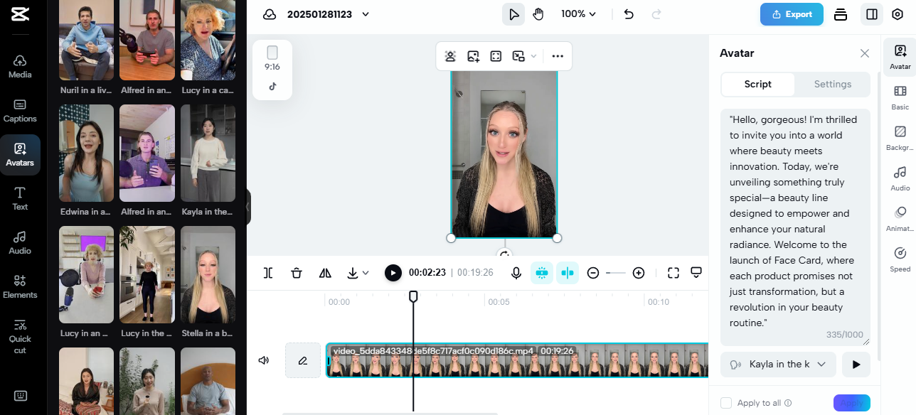 CapCut AI 虛擬分身視頻編輯器展示一位虛擬主持人推廣美容品牌，是副業創意的絕佳工具